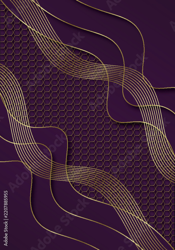 Luxury purple abstract wave with golden honeycomb mesh pattern.