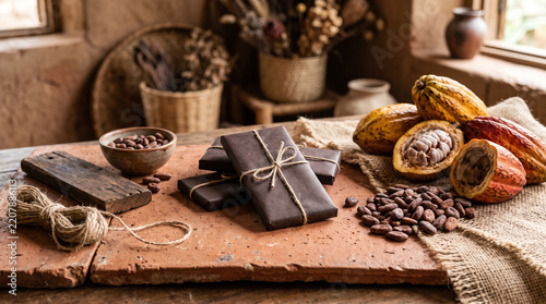 artisanal chocolate packaging with cacao pods and beans on rustic background
