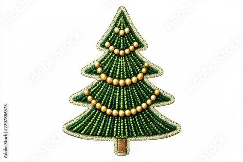 Embroidered Christmas Tree Patch with Green Thread and Golden Pearl Garland on White Background.