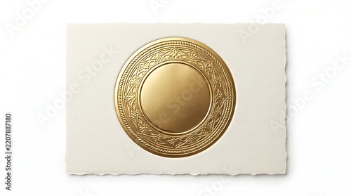 A round golden embossed seal with intricate floral patterns placed on a piece of white textured paper with torn edges on a white background