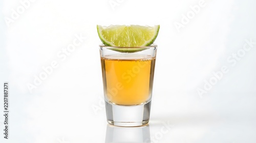 A single shot glass filled with golden amber tequila liquid topped with a fresh slice of green lime on a clean and bright white background