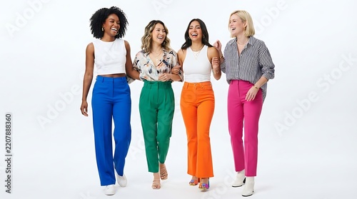 Four diverse women walking together in a line, wearing colorful trousers and casual tops, smiling and laughing against a white background