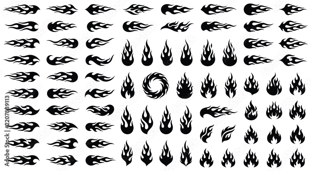 Fototapeta premium Classic silhouette flame. Black fire set isolated on white background. Old school tattoo neo-tribal style or silhouette flame for cars. Minimalistic stylish fire outline and filled contour. Vector set