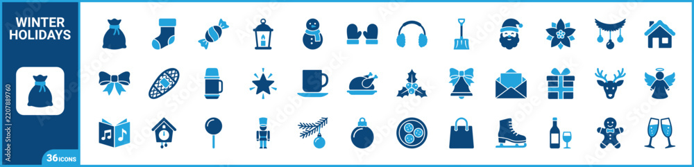 Obraz premium Christmas holiday two-tone icon set. Filled glyph pictograms of festive, winter, decoration, and seasonal elements, blue duotone illustration.