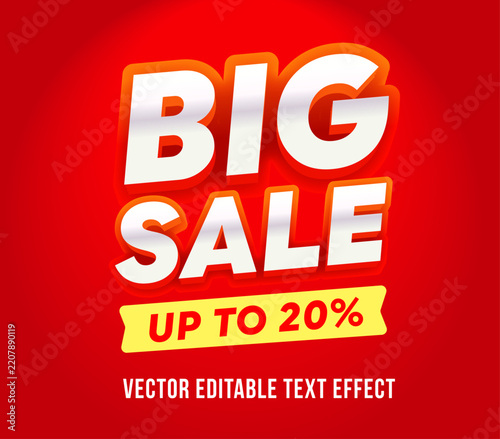 3D Big Sale up to 20 percent editable text effect typography on red background