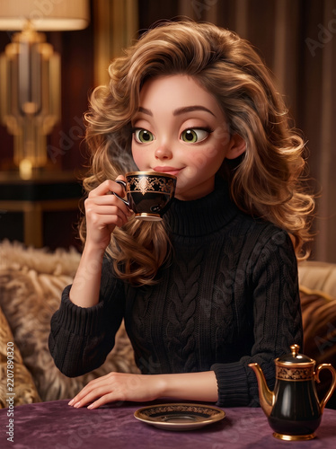 Obraz w ramie 高級ラウンジで豪華なティーカップを手にくつろぐ、黒いニットの女性の3Dイラスト