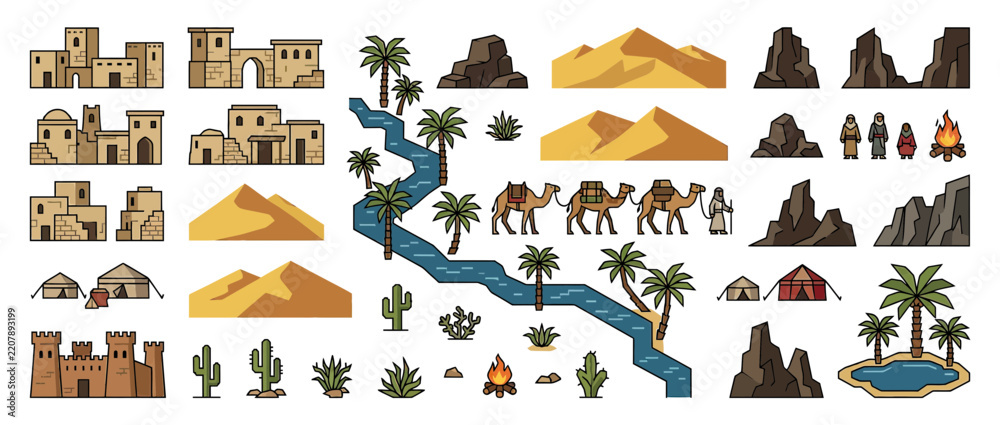 Obraz premium Desert Oasis Pixel Art Elements Collection