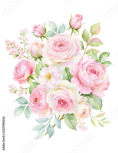 Watercolor rose flower bouquet pastel pink rose floral illustration shabby chic vintage style botanical art romantic decoration cottagecore design