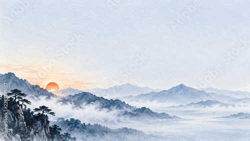 静かなブルーアワーの山並みと初日の出を描いた水墨画背景