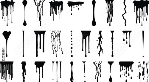 Paint Drip and Melting Ink Shape Icon Collection Featuring Liquid Splashes, Hanging Drips, Fluid Streaks, Organic Drops, Grunge Effects, Decorative Elements and Black Silhouettes on White
