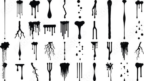 Paint Drip and Ink Splash Shape Collection Featuring Melting Drips, Liquid Drops, Hanging Streaks, Organic Splashes, Rough Grunge Effects, Abstract Forms and Black Decorative Silhouettes