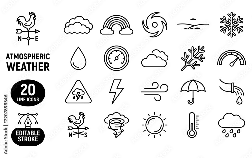 Obraz premium Collection of atmospheric weather line icons representing diverse meteorological phenomena and conditions.