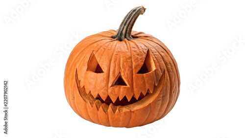 Single large Halloween orange pumpkin with carved spooky face on transparent background