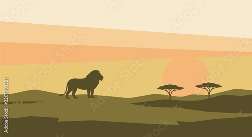 Minimalist african safari landscape vector illustration with lion silhouette standing in savannah plains background design