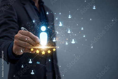Businessmen pointing  global structure customer network technology, data exchange development, and human resources HR management. Relationship Management with Customers