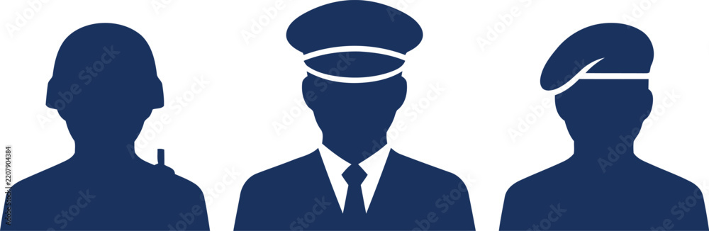 Obraz premium Vector icon set of military personnel with different uniform headgear military personnel silhouette patriotism