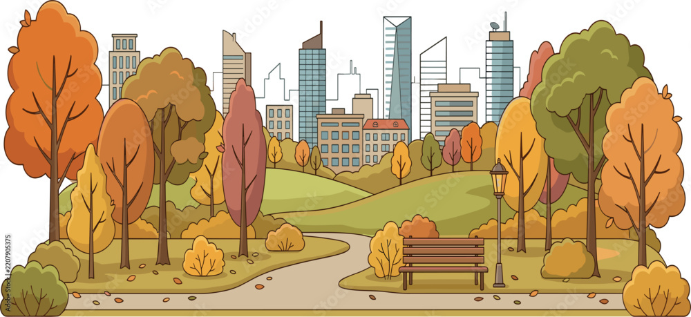 Obraz premium Beautiful autumn city park landscape with colorful fall trees wooden bench lantern and town skyscraper skyline vector illustration