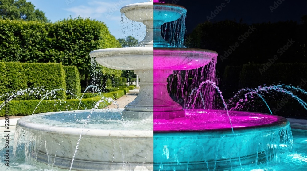 Obraz premium Elegant Tiered Fountain in Garden Day and Night Illumination