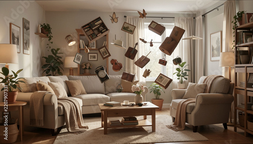 A cozy living room featuring objects floating in mid-air at various heights and angles, naturally distributed throughout the scene without visible supports; realistic setting, convincing lighting and 