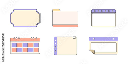 Pastel Web Design Elements and Browser Window UI Icons Set. Calendar, Folder, Bookmark, Label and Interface Vector Collection