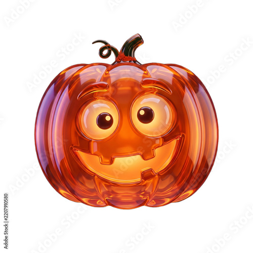 A glossy 3D glass Halloween pumpkin character with a smiling face and glowing orange light isolated on a transparent background.