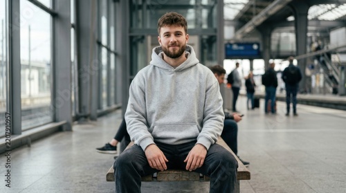 Young man sitting on a bench at a train station platform.