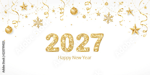 Happy New Year 2027 calendar template. Golden digits, Christmas baubles, snowflakes, hanging garland and stars on a clean white background. Vector image.