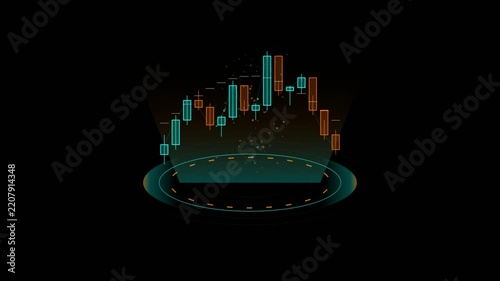 Futuristic financial candlestick chart hologram on black background