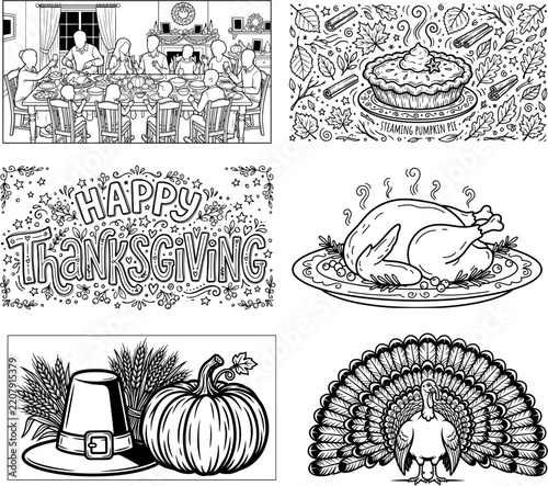 Thanksgiving holiday line art and autumn harvest coloring page set