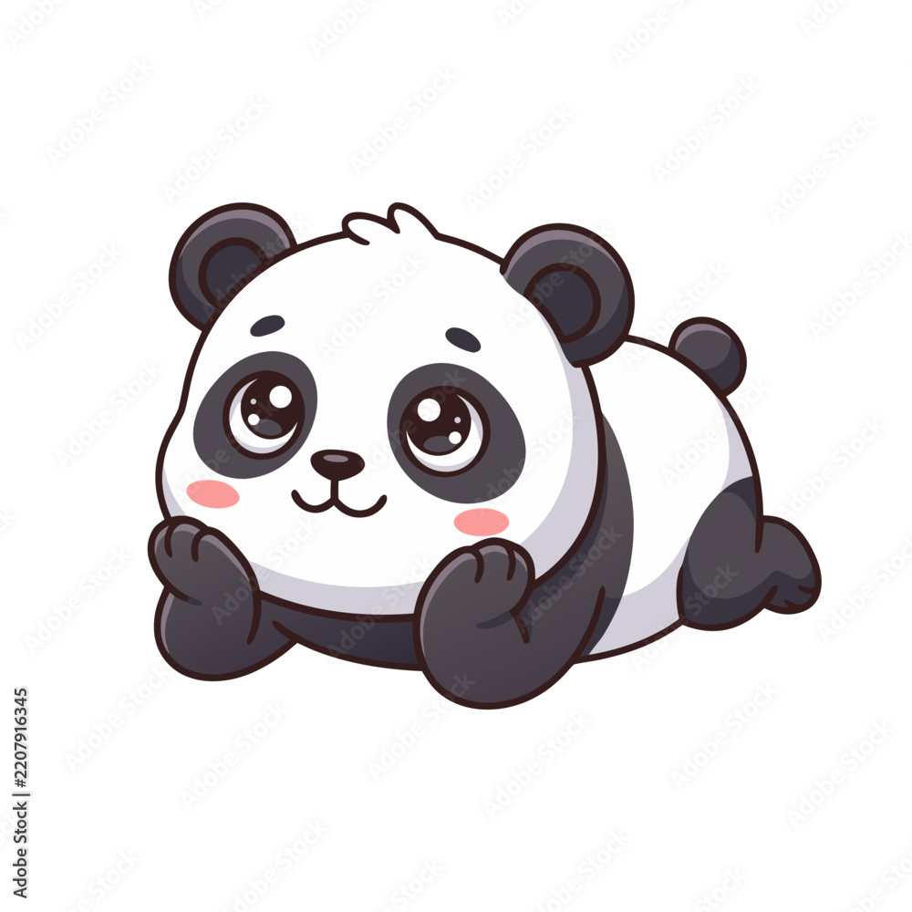 Fototapeta premium Cute cartoon panda lying down isolated on a white background