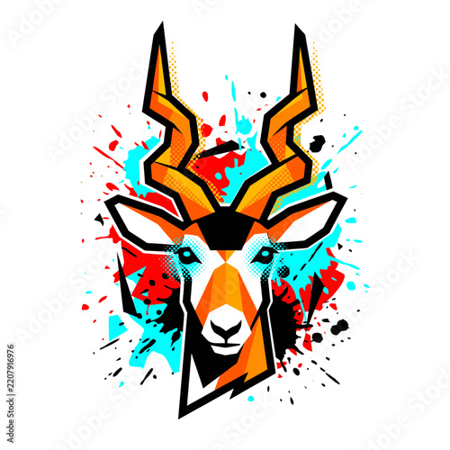 Stylized Geometric Antelope Head Portrait Featuring Vibrant Abstract Paint Splatter Art