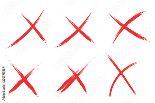 Red paint brush cross X mark set. Hand drawn brush stroke textured cross checkmark, ban, refusal element. Strikethrough text and important objects. Stock vector illustration isolated on white 