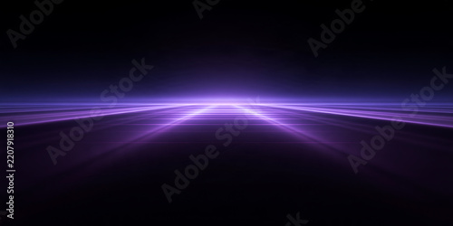 Abstract futuristic background with glowing purple neon horizon. Luminous energy lines and grid on a dark surface. Digital technology background