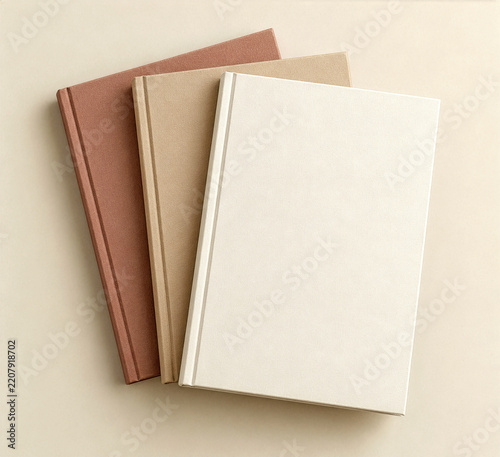 Flat lay blank hardcover books mockup set fanned out in terracotta, beige and cream. Minimalist top view three notebooks template for editorial design and branding