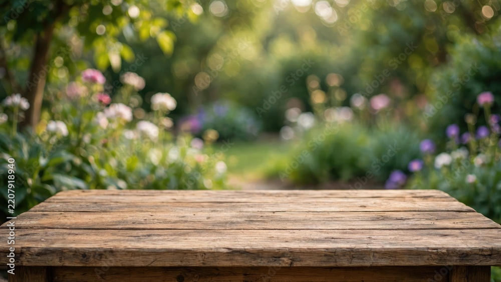 Fototapeta premium Empty rustic wooden table top with blurred lush green garden background for product display.