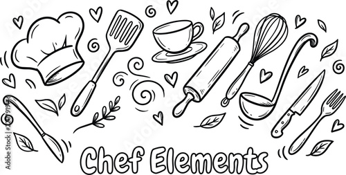 Fotografie Hand drawn kitchen doodle set with chef hat rolling pin whisk spatula knife and