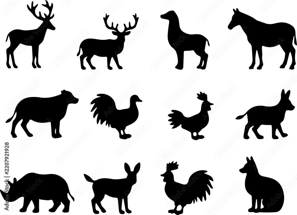 Obraz premium Farm and Wild Animal Silhouette Set with Deer Horse Rooster Rhino and Fox
