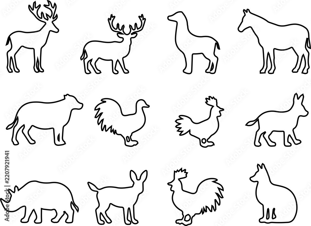 Obraz premium Farm and Wild Animal Outline Icon Set with Deer Horse Rooster Rhino and Fox