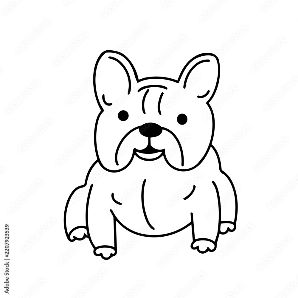 Obraz premium Cute french bulldog dog doodle vector icon. Funny puppy pet character line art cartoon illustration. Animal care sticker kids coloring book creative element.