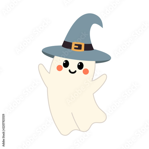 Cute vector ghost wearing witch hat, isolated on white background