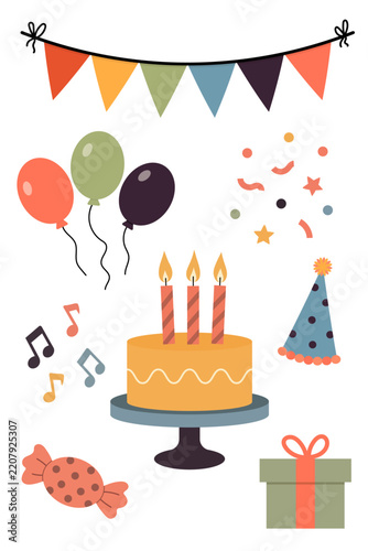 Vector birthday party set with cake, balloons, gift box, and bunting garland, isolated on white background