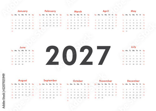 Vector modern classic horizontal calendar for 2027 year. Week starts on Sunday. Desk or wall calendar in minimalist style