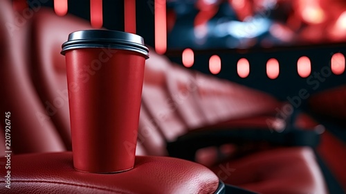 Red paper cup with black lid perched on a cinema seat armrest, evoking movie theater refreshments, quiet dark hall, selective focus and bokeh lights, cozy viewing experience