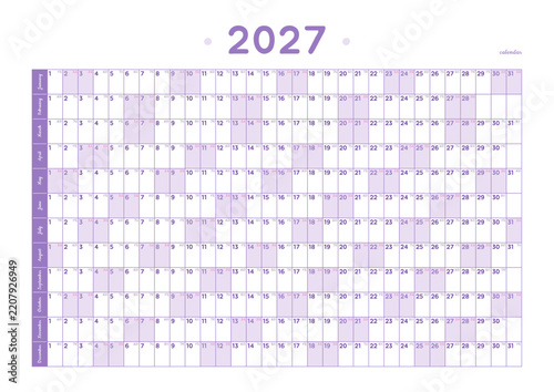Horizontal modern purple calendar 2027. Calendar planner template A4. Desk or wall calendar in minimalist style