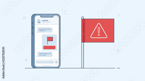 Red flag warning sign next to a smartphone displaying toxic chat messages illustration