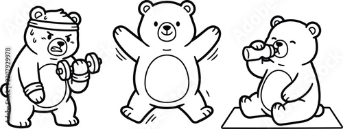 Three bear characters exercising with dumbbells, jumping jacks, and water bottle on a yoga mat in black and white line art