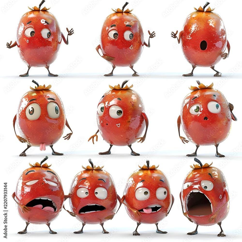Fototapeta premium Tamarillo Fruit Cartoon Character Set with Multiple Poses and Funny Expressions for Animation and Design
