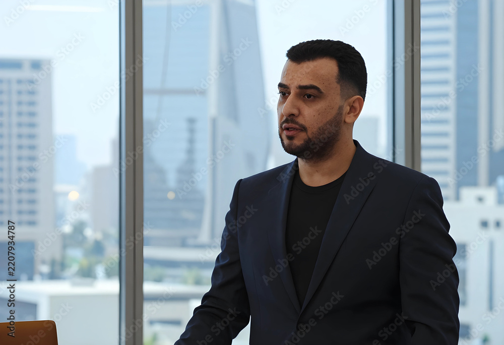 Fototapeta premium Corporate leadership and professional communication, businessman speaking in a modern office with city skyline view during a business meeting