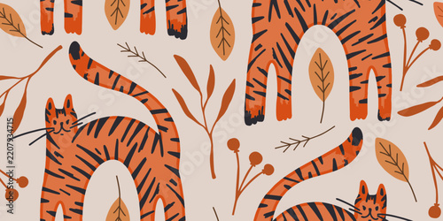 Hand-Drawn Stylized Tiger and Botanical Pattern Background