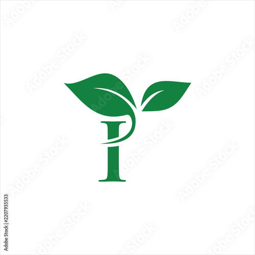 Green leaf sprout growing from abstract letter i shape